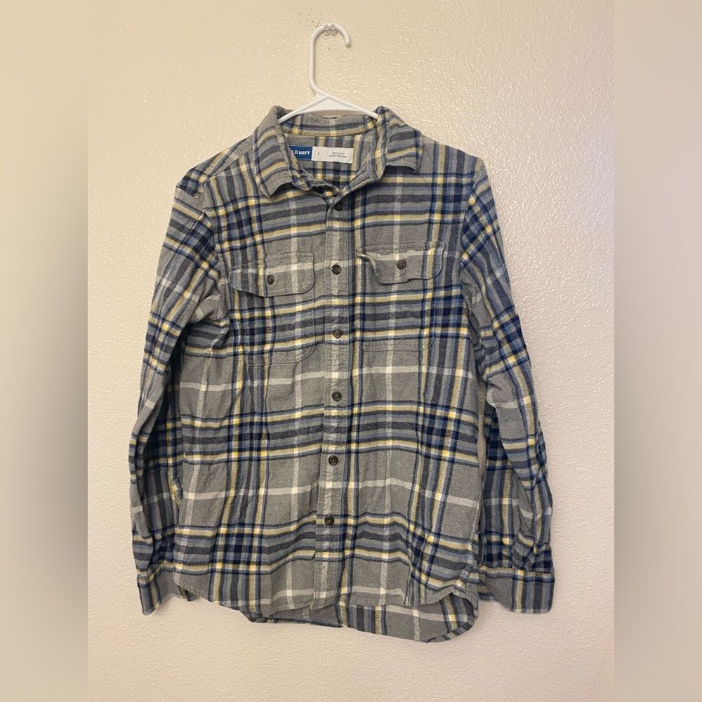 Old Navy gray blue plaid Button down Shirt long sleeve regular fit flannel men S